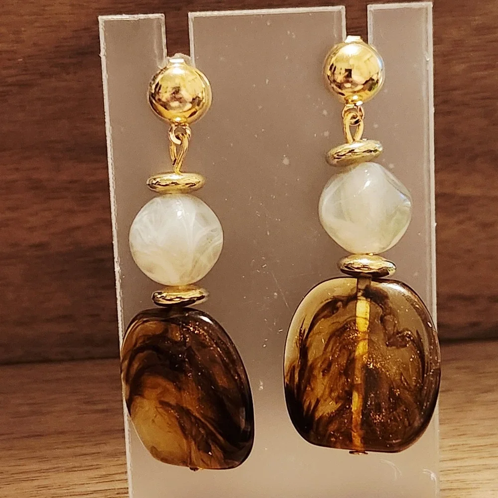 Amber Marbled Resin Drop Earrings‎ Gold Tone Ball Stud Dangle Bohemian Jewelry